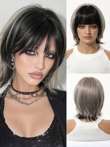Short Silver-Gray And Black Wigs Layered 80s Pixie Cut Wig With Bangs Synthetic Natural Fake Hair Wigs For Replacement Wigs Colourful Synthetic Hair Wig High Temperature Hair For Women Holiday Daily Fashion Style Synthetic Hair Wig Woven Hair Wig For Halloween And Christmas - 拼色 - 查看 12