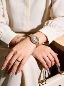 1pc Luxury Elegant Women's Quartz Watch Oval Dial With Classic Roman Numerals & Double Layer Rhinestone Bezel Polished Gold-Tone Case Premium Alloy Material Exquisite Metal Bracelet Strap - White - View 5