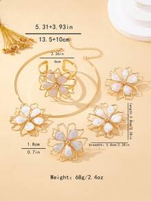 Bộ trang sức nữ, gồm bông tai, dây chuyền, vòng tay và nhẫn hình hoa trắng rỗng 3D, thích hợp để đeo hàng ngày và làm quà tặng. - trắng - Xem 7
