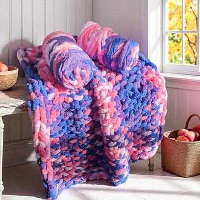 1团渐变扎染粗线，超粗毛线，猫尾香肠冰条纹毛线/粗毛线，可机洗，适用于DIY毯子、枕头、帽子、围巾、宠物床、地垫等，手工工艺巨型针织毛线，舒适家居装饰和手工礼品工艺毛线（500克/17.64盎司）