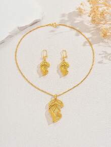 Bộ 2 món trang sức cưới kiểu Trung Đông Dubai, mạ vàng đồng, gồm bông tai và dây chuyền hình lá. - Vàng - Xem 2