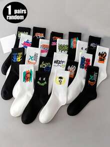 1 par/10 pares de calcetines de tripulación para hombres en surtido aleatorio, calcetines de moda callejera de hip hop, transpirables y que absorben la humedad, aptos para uso diario, primavera/otoño - Blanco y Negro - Ver 11