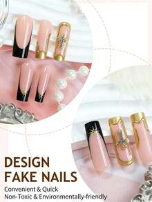 24片法式长方形美甲贴纸，3D金色十字线经典设计，全覆盖假指甲，适合女性和女孩日常佩戴 - 彩色 - 查看 3