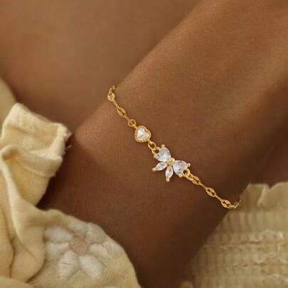 1件新款简约彩色爱心蝴蝶结金色不锈钢唇链手链，女士款