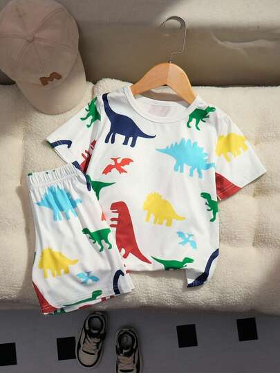 2pcs/Set Young Boys Casual Outdoor Gift Fashion Comfortable Cartoon Dinosaur & Digital Print Round Neck Short Sleeve T-Shirt And Shorts Set, Suitable For Summer