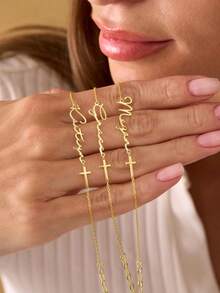 Customized Women's Personalized Name Bracelet, 304L Stainless Steel Nameplate, Mini Cross Charm Bracelet, Christmas Gift Suitable For Mom, Wife, Valentine's Day, Anniversary - 3 Gold Pieces - View 8