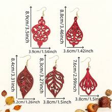 5 pares de pendientes de madera tallada con diseño de hojas y flores, estilo vintage, adecuados para uso diario, viajes, festivales y fiestas - Burdeos - Ver 4