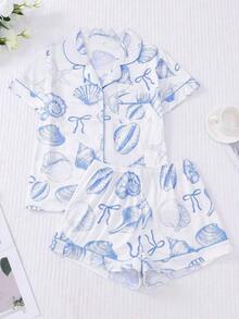 2pcs/Set Women's Ocean Shell Print Pajamas Set, Short Sleeve Shirt With Collar & Button, And Elastic Waist Shorts, Suitable For Holiday Party, Casual Everyday Indoor & Outdoor Wear - 白色 - 查看 1
