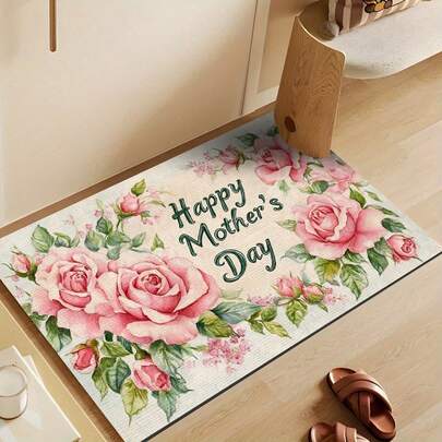 1pc Mother's Day Floral Doormat, Indoor/Outdoor Decorative Rug, Mother's Day Gift, Printed With "Happy Mother's Day" Text And Pink Rose Pattern, Suitable For Bathroom, Balcony Or Entryway. Perfect For Party Decor, Enhancing Home Style, Adding Holiday Charm, Boosting Happiness, Home Decor