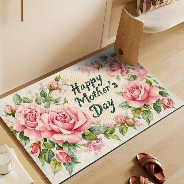1pc Mother's Day Floral Doormat, Indoor/Outdoor Decorative Rug, Mother's Day Gift, Printed With "Happy Mother's Day" Text And Pink Rose Pattern, Suitable For Bathroom, Balcony Or Entryway. Perfect For Party Decor, Enhancing Home Style, Adding Holiday Charm, Boosting Happiness, Home Decor