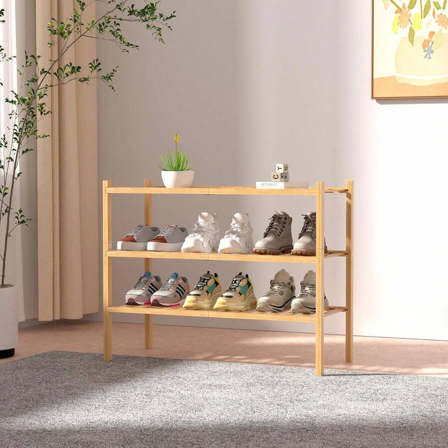 3 Tier Bamboo Shoe Rack For Closet Free Standing Wood Shoe Shelf Storage Organizer For Entryway Small Space Stackable 27"X11"X20" (Natural) - thiên nhiên - Xem 1