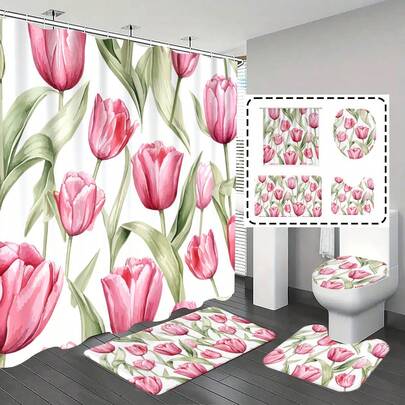 1件/4件套郁金香图案浪漫浴室装饰套装，包括浴帘、浴垫和12个挂钩