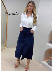 WOMEN'S SUEDE SKIRT WITH ZIPPER AND POCKET. STYLE AND ELEGANCE. - 藍色 - 查看 4