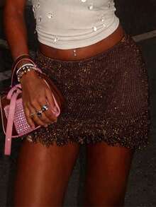 Women's Minimalist Elegant Minimalist Sexy Mori Girl Academy Knitted A-Line Skirt, Spring/Summer - Red Coffee - View 3