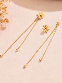 1 Pair Unique Design 304 Stainless Steel Small Daisy Flower Tassel Long Earrings For Women - Gold - View 4