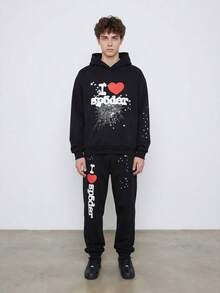 Men's Gothic Spider Print Tracksuit, "I Love Spider" Hoodie & Joggers Set For 18-38 - 黑色 - 查看 3