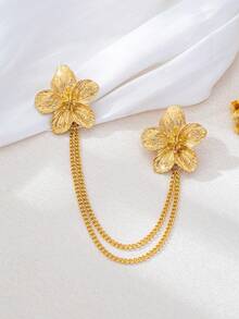1pc Fashionable Premium Metal Plumeria Pendant Tassel Chain Brooch Suitable For Women's Daily And Formal Occasions - Golden - View 3