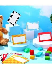 20/4pcs Cartoon Theme Folding Table Cards, Blank Tent Style Table Cards, Birthday Party/Baby Shower Decorations Folding Table Cards, 4 Style Theme Name Setting Cards Folding Table Place Cards, Suitable For Birthday Decorations Party Supplies, Cow, Cowboy, Blue Sky, Racing Pattern Cards - A - View 1