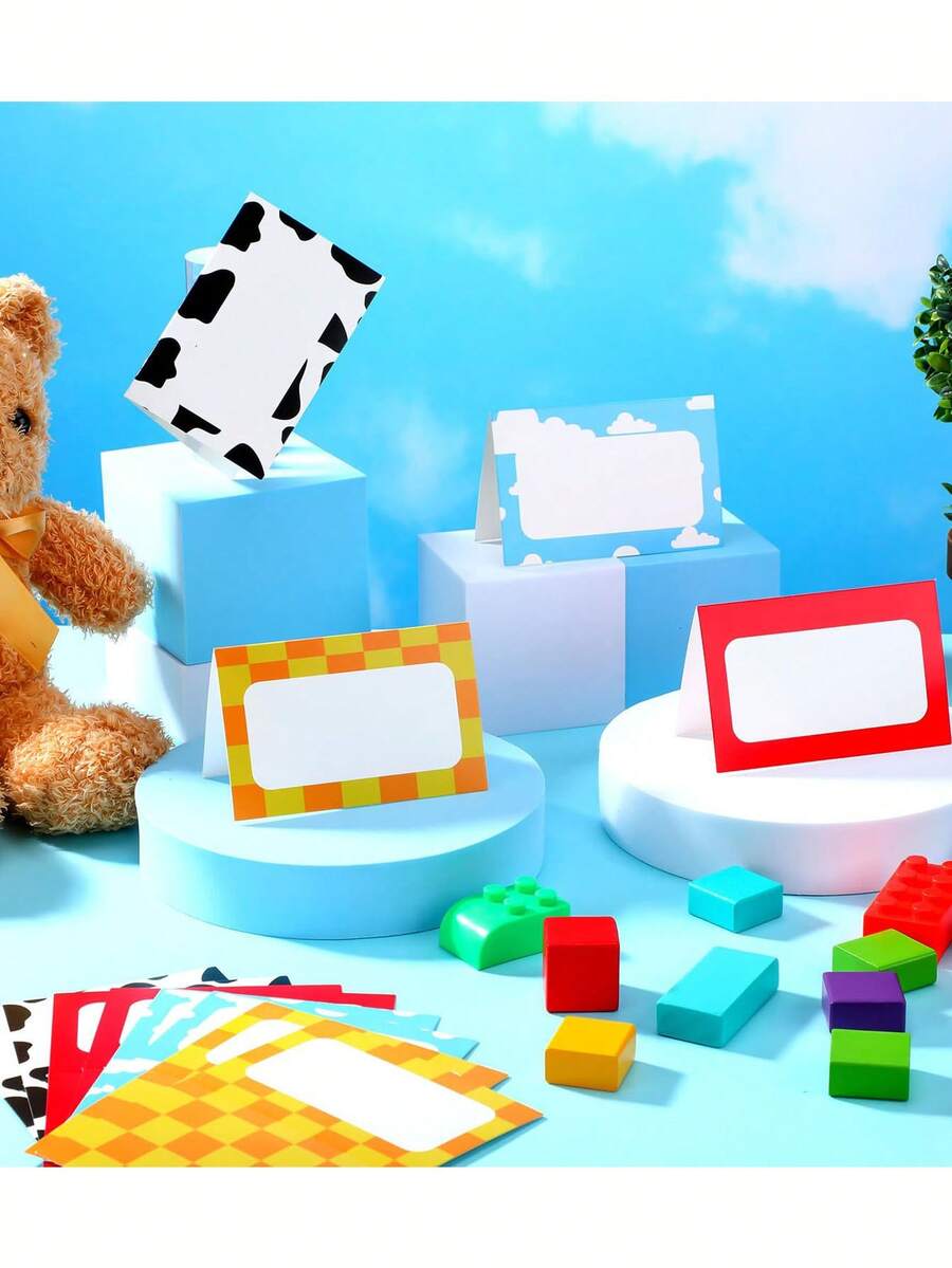 20/4pcs Cartoon Theme Folding Table Cards, Blank Tent Style Table Cards, Birthday Party/Baby Shower Decorations Folding Table Cards, 4 Style Theme Name Setting Cards Folding Table Place Cards, Suitable For Birthday Decorations Party Supplies, Cow, Cowboy, Blue Sky, Racing Pattern Cards - A - View 1