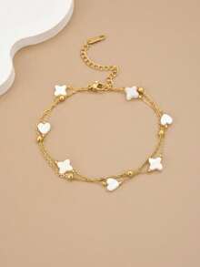 1pc Fashion White Heart & Four-Pointed Star Double-Layer Stainless Steel Anklet For Women, Pearl Chain Design, Suitable For Daily Wear, Gold Jewelry, Summer, Vacation, Beach Party, Gift - Yellow Gold - View 3