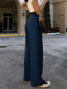 Plus Size Women's Solid Color Pleated Pocket Casual Versatile Wide Leg Pants For Daily Wear Spring - Navy Blue - View 5