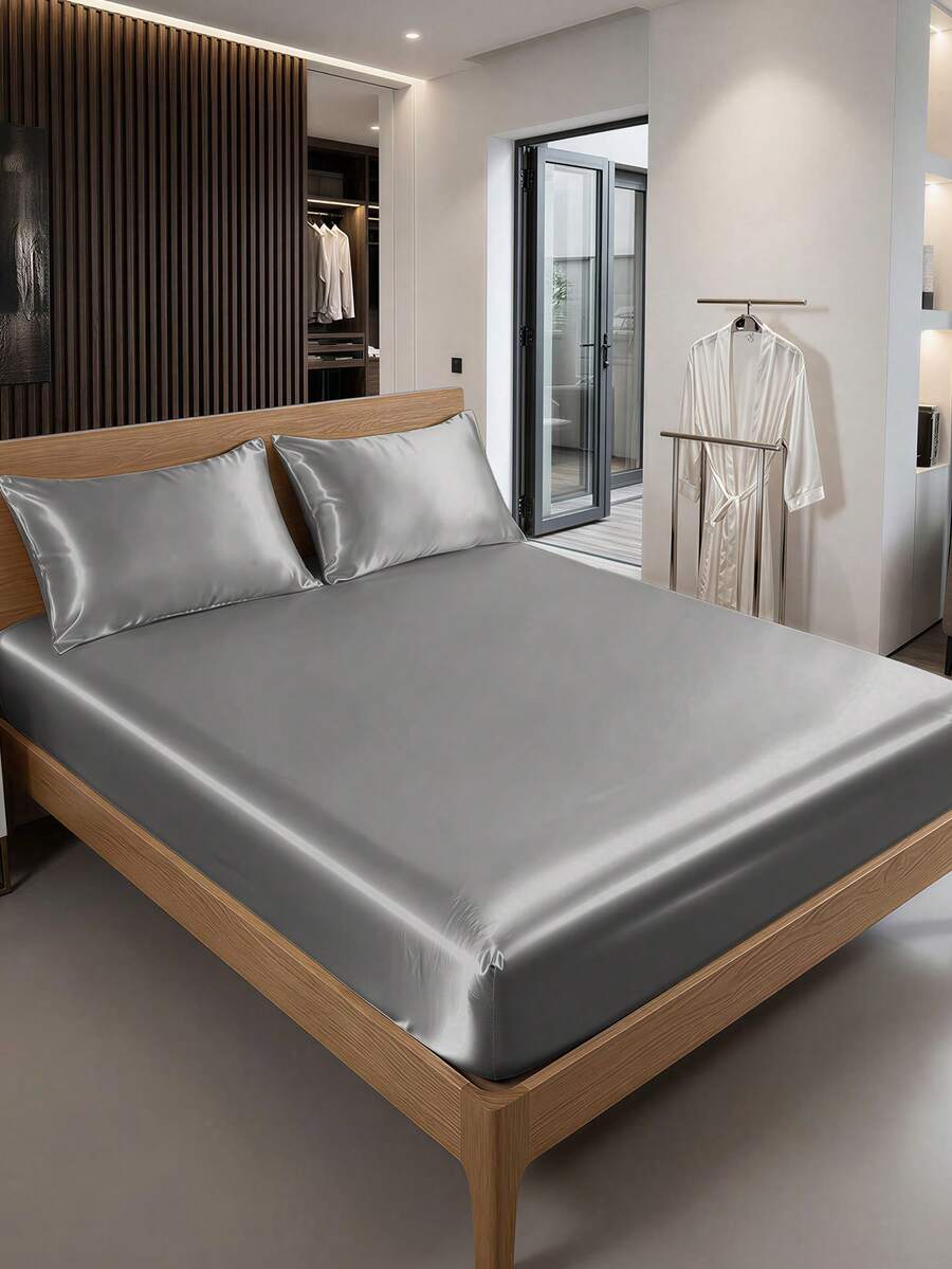 2/3pcs Luxury Satin Bedding Set, Bedding Ensemble, Bed Sheet Set, Bed Cover Set, Solid Color Mattress Protector Set, Soft & Comfortable Bedroom Bedding Set, Deep Pocket Mattress Cover, 1pc Mattress Pad With 1/2pcs Pillow Shams, Bed Cover Set, Fits Full/Queen/King Size Bed, Super Soft Breathable, Silky Smooth, Wrinkle-Resistant, Machine Washable Bed Sheets - Silver - View 1