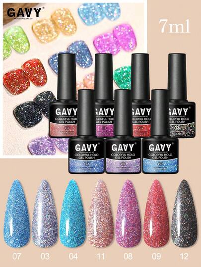 GAVY 7PCS/SET 7ml Fine Glitter Nail Gel Set, Colorful Shine, Formaldehyde-Free, Cures Under UV/LED, Suitable For Girls For At-Home Manicure Salon Set