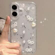 1个奢华3D珍珠蝴蝶结银箔手机壳，适用于 17 Pro Max Air 16 15 14 13 12 11 Pro Max 小米 Ni XR X XS Max 7 8 Plus - 無色 - 查看 2