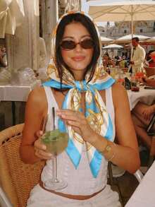 1PC 2026 Spring/Summer New Women's Fashion Chain Printed Square Towel, Lightweight, Breathable, Simple And Versatile, Suitable For Wearing And Use In All Seasons - Sky Blue - View 1