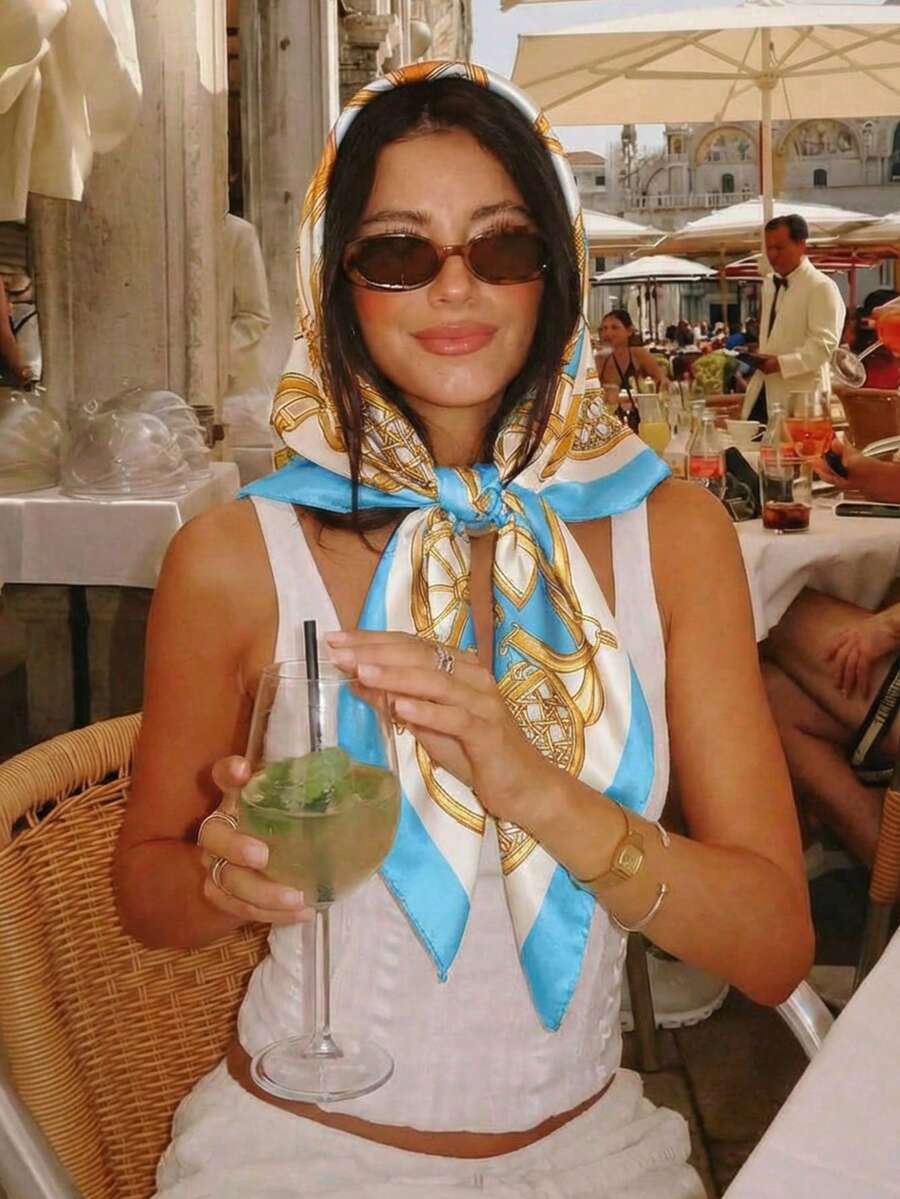 1PC 2026 Spring/Summer New Women's Fashion Chain Printed Square Towel, Lightweight, Breathable, Simple And Versatile, Suitable For Wearing And Use In All Seasons - Sky Blue - View 1