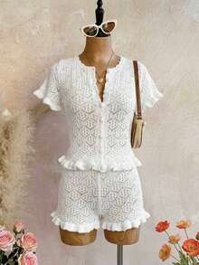 Bộ 2 món đồ nữ mùa hè, áo khoác cardigan không tay khoét lỗ gợi cảm kèm quần short - Bộ 2 món đồ nữ đi nghỉ mát, đồ len móc khoét lỗ gợi cảm ôm sát người. - trắng - Xem 7