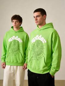2-Piece Set Men's Hooded Sweatshirt, Spider Web Pattern, Letter Print, Colorful Stars, Street Punk Style, Casual Fitted, Fall & Winter, Graphic Hoodie,Y2k Clothing Streetwear,Mens Winter Clothes - Xanh lá cây*2 - Xem 3