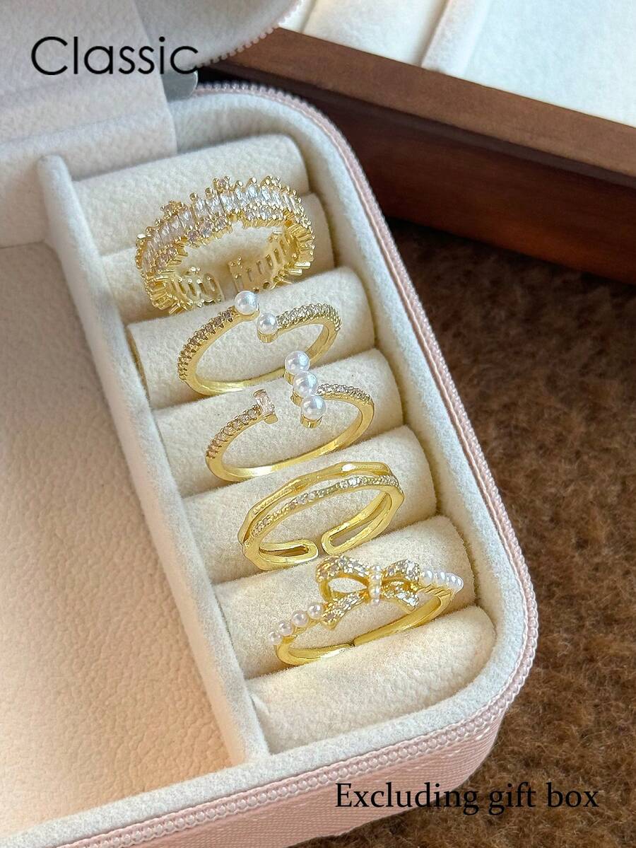 5件套奢华优雅立方氧化锆仿珍珠戒指，独特个性化，适合日常、派对、宴会、度假等场合，女士戒指