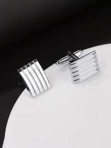 2pcs Geometric Rectangular Striped Cufflinks, Minimalist Business Style Cufflinks For Men - Silver - View 1