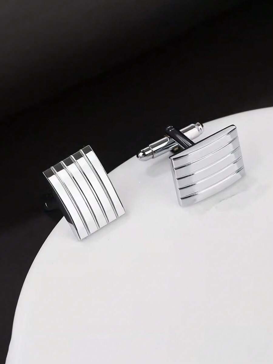 2pcs Geometric Rectangular Striped Cufflinks, Minimalist Business Style Cufflinks For Men - Silver - View 1