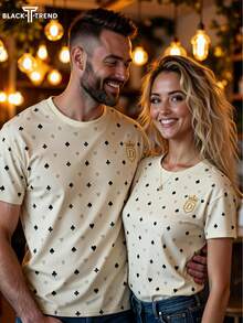 1 pieza Camiseta negra, perfecta como regalo del Día de San Valentín y para uso diario, diseño unisex con patrón de naipes y corazón - Multicolor - Ver 1