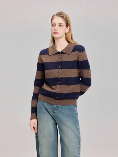 女士条纹针织长袖开衫毛衣
