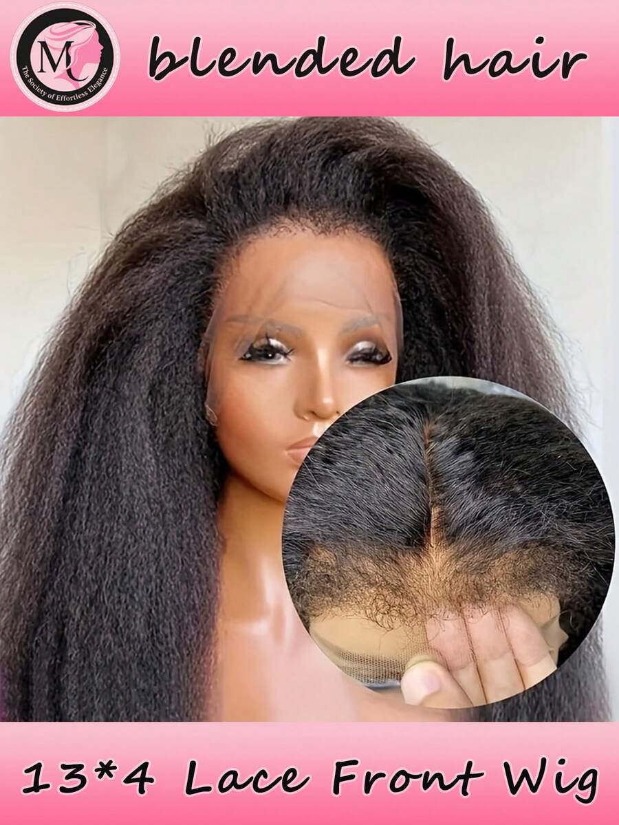 混合假发 - 真人发与合成Yaki直发的混合，带弹性抽绳，告别打结，预剪13x4蕾丝前额，180%密度，即戴即走，3S佩戴，无胶Yaki假发，预先拔毛，预先漂白，隐形结，波波头（8-16英寸）