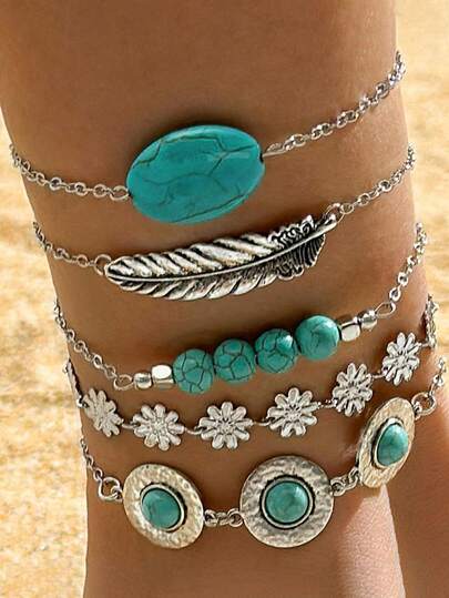 5pcs/Set Bohemian Style Turquoise Leaf Bracelet & Anklet, Butterfly Flower Turquoise Bracelet & Anklet, Can Be Worn On Hands And Feet