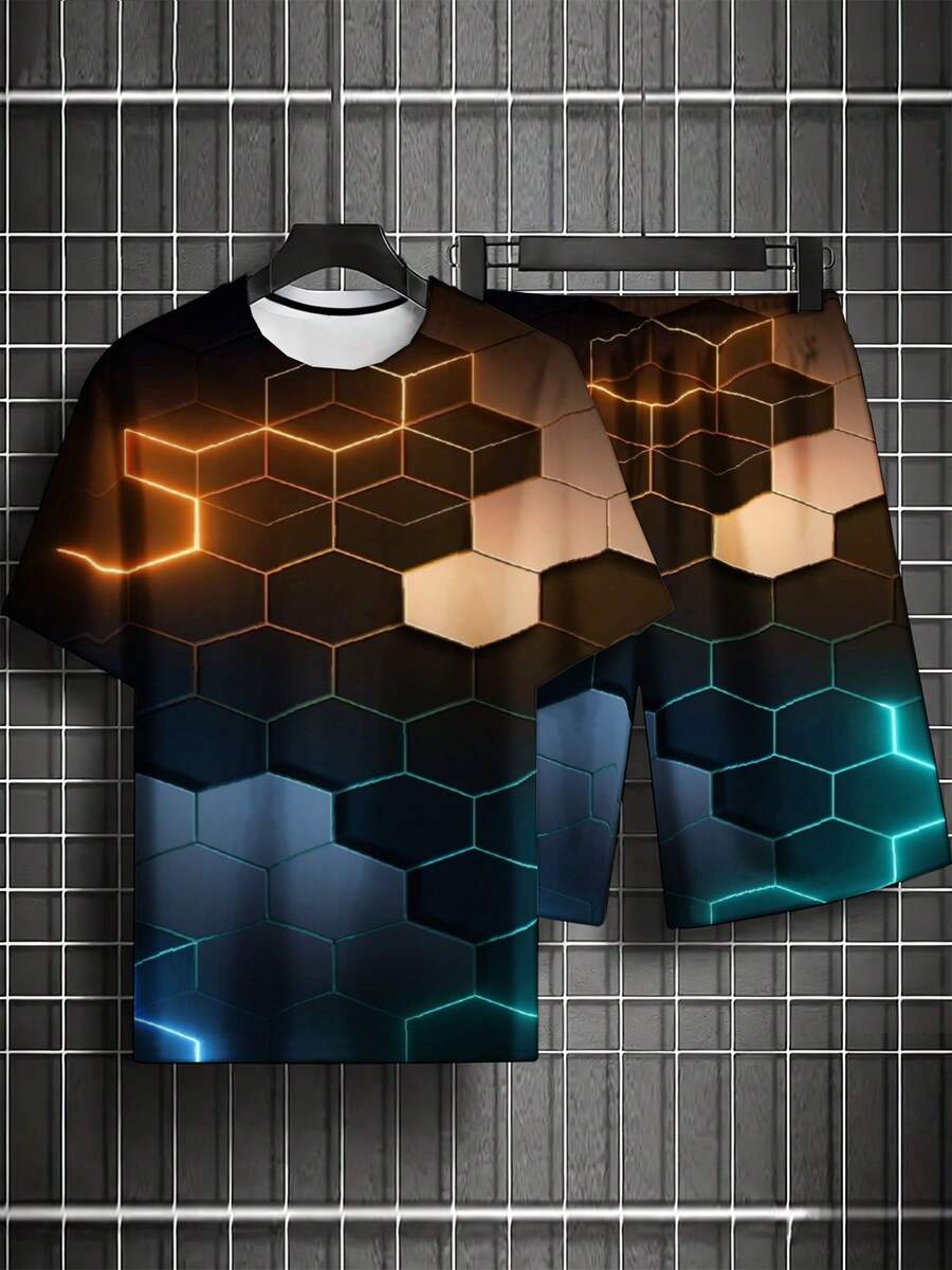 Conjunto de 2 piezas para hombre, modelo 10100260212, casual, conjunto fresco, camiseta deportiva divertida con cuello redondo y mangas cortas, junto con pantalones cortos, esencial para vacaciones, impresión digital 3D, adecuado para viajes y uso diario, regalo perfecto de vacaciones para hombres. - Colores mixtos - Ver 1