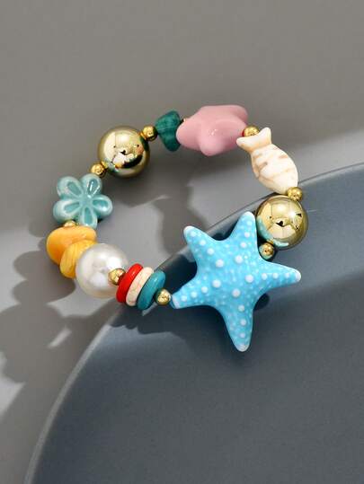 1pc Beaded Geometric Flower & Starfish Design Bracelet For Women (Random Color)