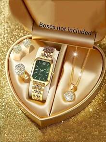 一套女士手表/4件套首饰，优雅方形石英表，搭配不锈钢表带，送给她的完美礼物，休闲风格，最佳礼品套装 - 白色 - 查看 4