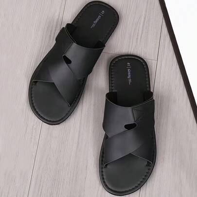 男士轻便黑色套脚凉鞋 - 露趾沙滩鞋，防滑橡胶鞋底，柔软缓冲鞋垫和搭扣，适合泳池、夏季、派对 - 可搭配休闲和正装（轻便）