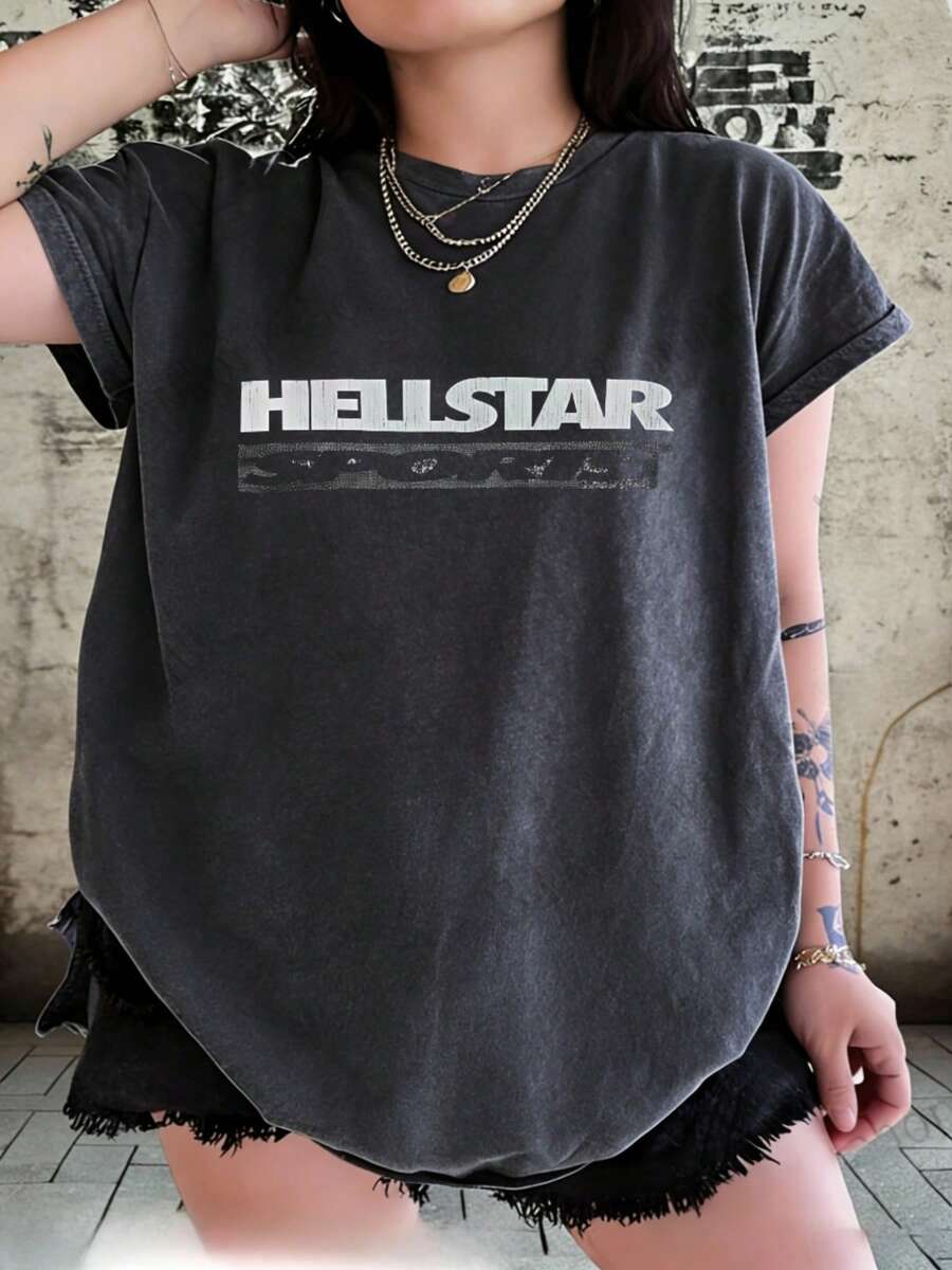Hellstars Sports Logo Retro Washed Print Round Neck Short Sleeve T-Shirt, 230g 100% Cotton T-Shirt, Summer Clothes, Women's Tops, Casual And Comfortable, Fashionable Graphic Tee, Unisex Style - Black - View 1