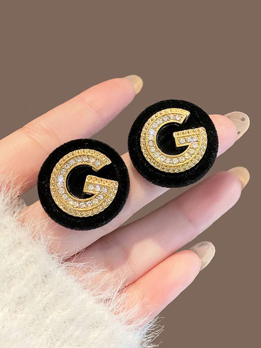 一对 - 灵感字母耳钉，新款奢华复古港式耳环，散发优雅气息，小众设计，女士专属 - 黑色 - 查看 1