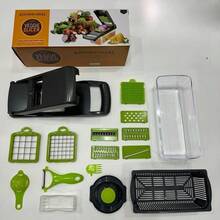 [Multi-Function Chopper] 16in 1 Multi-Function Vegetable Chopper Set Slicer And Dicer Kit Interchangeable Blades Manual Operation, Space Saving Suitable For Tomato Potato Garlic Vegetable Carrot, Cheese Slicer, Garlic Press, Onion Slicer, Hand Guard, Drainer And Container - Multicolor - View 12