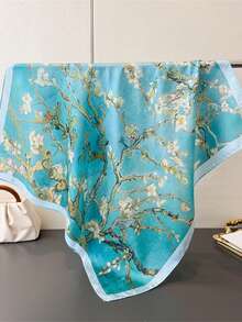 1条65*65厘米方形丝巾，女士缎面丝绸仿梵高杏花印花，多功能，可作领巾、头巾、披肩。 - 彩色 - 查看 16