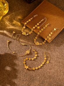 1件铜镀金心形、星星和花朵吊坠手链，女士派对及日常配饰，节日礼物 - 金黃色 - 查看 2