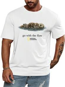 National Geographic Sea Otter Graphic Cotton T-Shirt, Go With The Flow Casual Tee, Unisex Soft Crewneck Top,  Wildlife Print Shirt, Comfortable Everyday Wear, Minimalist Nature Inspired Outfit, Viral Animal Lover Apparel - 白色 - 查看 3