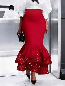 Rok Maxi Duyung Hitam Ukuran Besar, Rok Panjang Elegan dengan Payet dan Hem Berumbai, Kain Rajut Merah Musim Semi - Merah - View 4